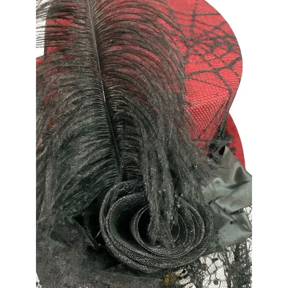 Victorian Style Top Hat Womens Red Spiderweb Veil Feather